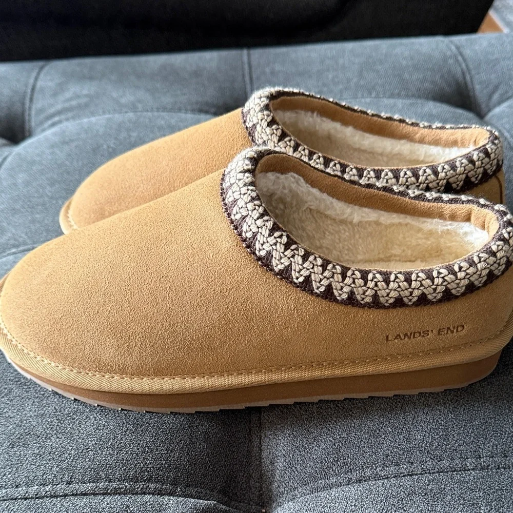 Lands' End Tan Suede Slippers with Patterned Trim - Picture 2 of 9